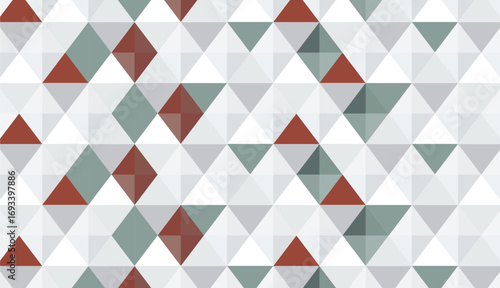 A dynamic mosaic of diamonds and triangles in shades of grey, white, teal, and terracotta creates an abstract pattern. The varied hues and shapes offer a playful yet structured design.