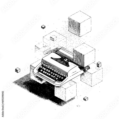 Vintage typewriter on isometric cubes with scattered cubes in a black and white illustration art style