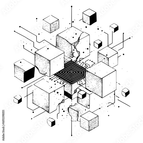 Isometric illustration of a central processing unit surrounded by textured cubes and connecting lines