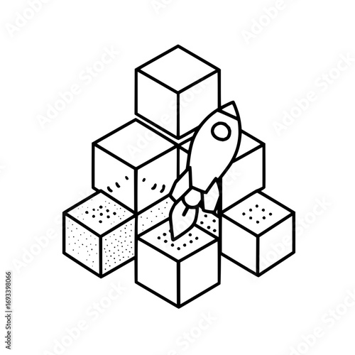 Isometric view of a rocket launching from a stack of cubes with dotted cube in black and white style