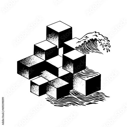 Geometric arrangement of cubes with wave illustration in black and white ink drawing style art