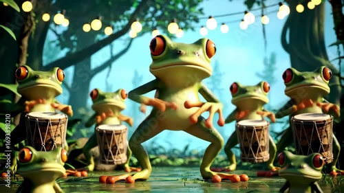 Backgorund of a vibrant group of cartoon frogs playing drums in a lush, sundappled forest, creating a whimsical and musical scene filled with joy and rhythm