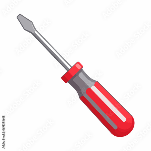 A simple illustration of a flathead screwdriver with a red and gray handle, commonly used for mechanical repairs and DIY projects