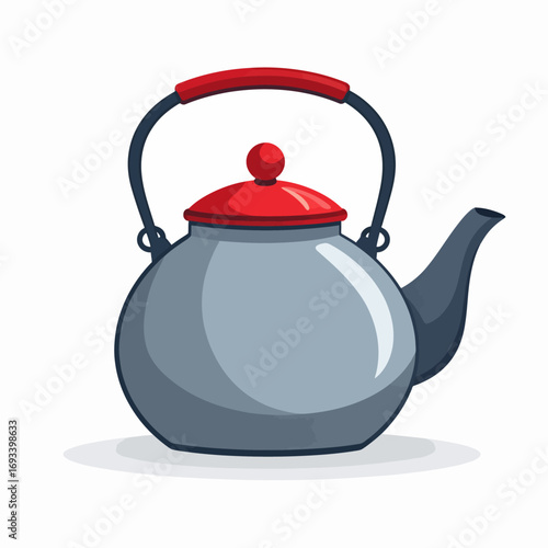 Charming cartoon illustration of a classic grey teapot with a red handle and lid, isolated on a white background. Vector kitchenware for a cozy tea time concept