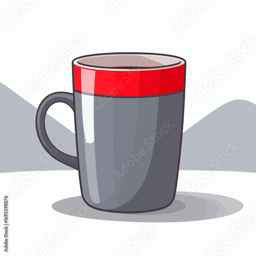 A simple hand-drawn illustration of a grey coffee mug with a red rim. Vector art icon for a hot beverage, cafe menu, or morning routine
