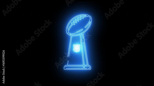 Neon glowing football trophy on a dark background, abstract sport award symbol, digital art illustration representing championship victory and elite competition