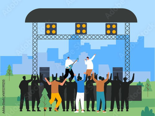 Passionate band concert with audience. Concert illustration. Flat vector illustration concept.