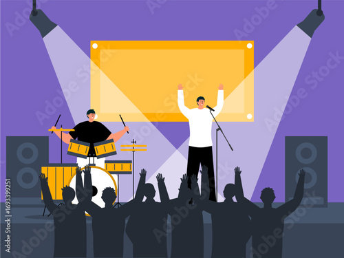 The excitement of a pop band concert at a performance hall. Concert illustration. Flat vector illustration concept.