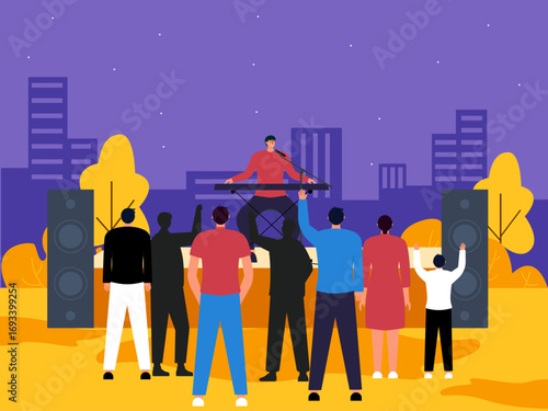 Concert of male soloist playing keyboard at night taking place in city park. Concert illustration. Flat vector illustration concept.