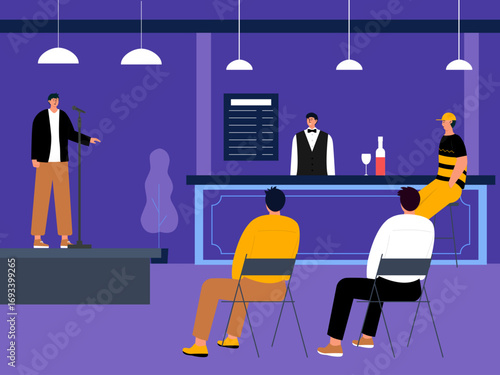 Enjoying a mini concert by a jazz singer in a cafe. Concert illustration. Flat vector illustration concept.