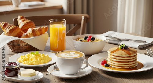 Wallpaper Mural Delicious Breakfast Spread with Pancakes, Croissants, Eggs, and Fresh Juice on a Cozy Dining Table Perfect for Morning Enjoyment Torontodigital.ca