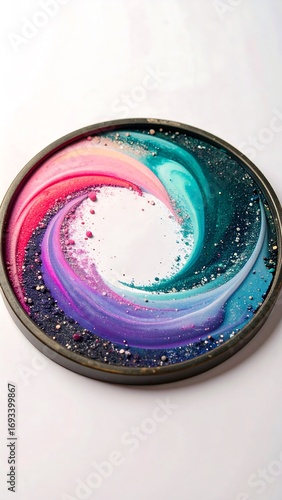 Circular tray with swirling, colorful resin design