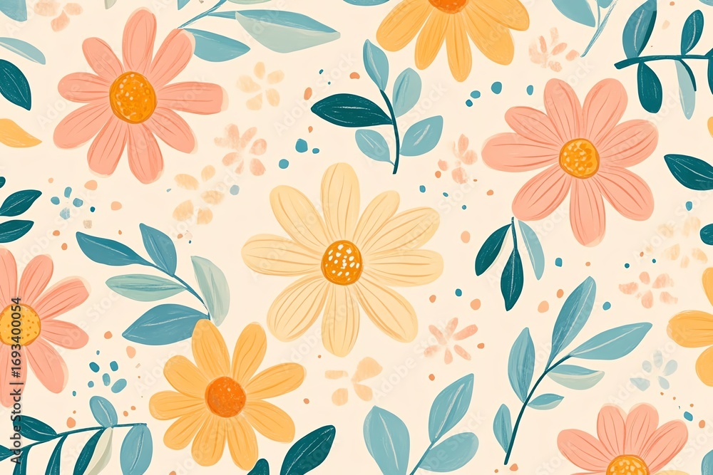 Flower crayon Kid floral pattern Cute hand drawn daisy print Doodle flower plant background Simple spring summer pastel handdrawn vector Color pencil line floral bg Kid chalk cute