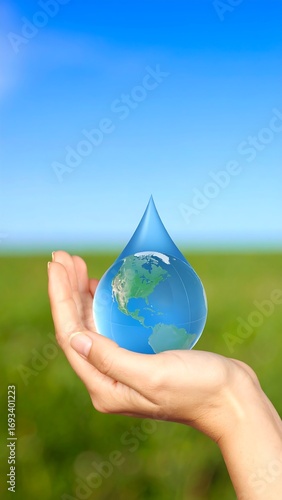 A hand holds a water droplet containing a world map