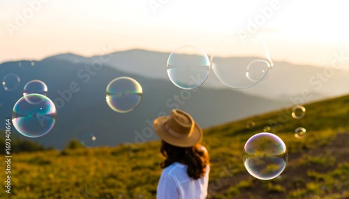 A woman gazes at soap bubbles over a mountain vista at sunset