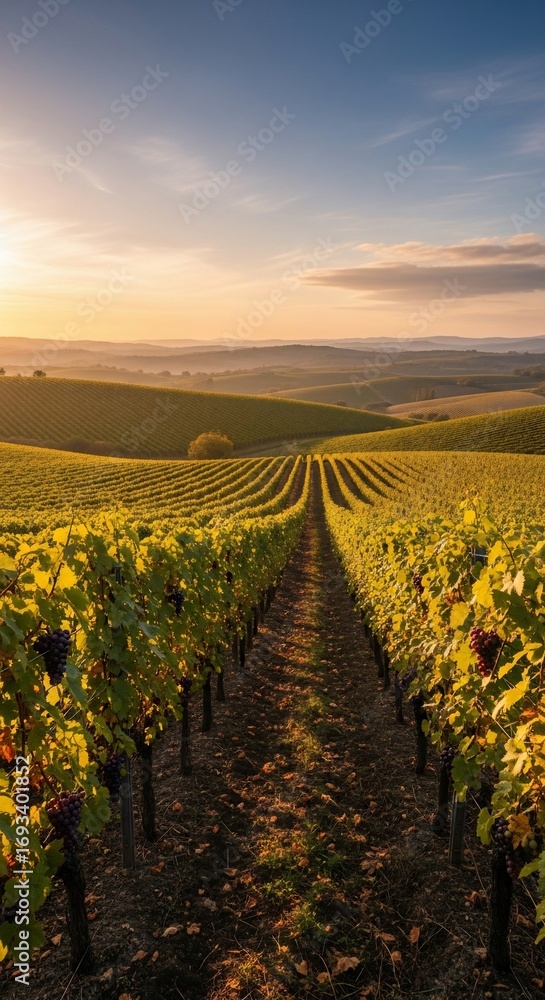 Fototapeta premium Tuscan Vineyard Rows at Sunset with Ripe Grapes and Rolling Hills