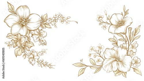 Gold corner border floral, flower frame set Hand drawn rustic sketch doodle golden corner boarder for floral frame design element, flourish fancy pattern Vector illustration