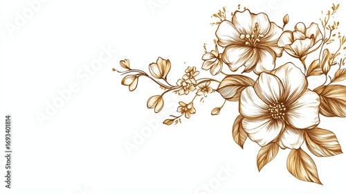 Gold corner border floral, flower frame set Hand drawn rustic sketch doodle golden corner boarder for floral frame design element, flourish fancy pattern Vector illustration