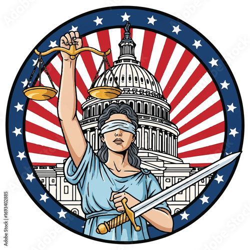 Lady Justice with scales and sword in front of the U.S. Capitol Building, framed by an American flag motif.