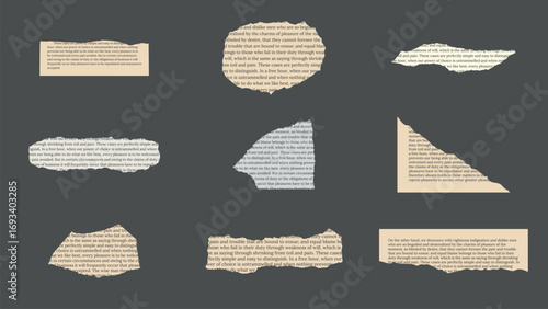 9 Multicolored Ripped Paper Scraps with Text