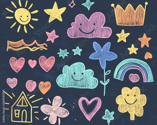 Hand drawn crayon chalk icon set Cute flower