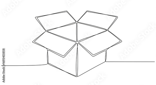 Continuous line drawing of an open empty cardboard box, ideal for packaging and delivery concepts, isolated transparent background.