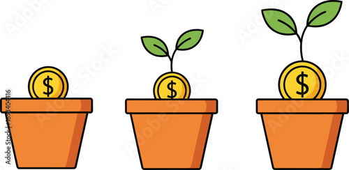 Illustration of money plant growth stages in pots representing financial investment, passive income, wealth development, and business success concept.