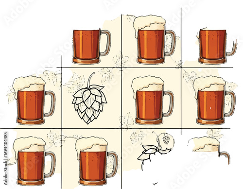 Illustration of beer mugs and a hop cone arranged in a grid pattern.