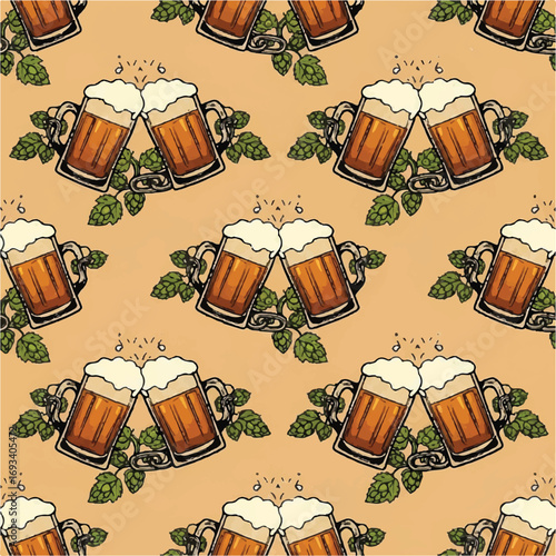 Cheers! A seamless pattern of beer mugs and hops.
