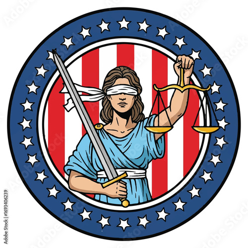 Illustration of Lady Justice, a blindfolded woman holding scales and a sword, within a patriotic emblem.