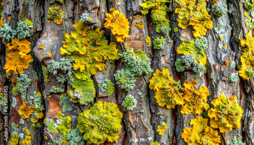 Close-up tree trunk bark covered with green and yellow lichen