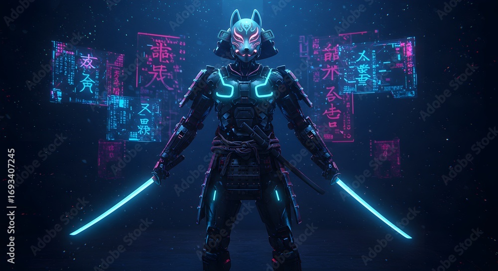 Naklejka premium Cyberpunk warrior with glowing swords and futuristic mask in dark environment