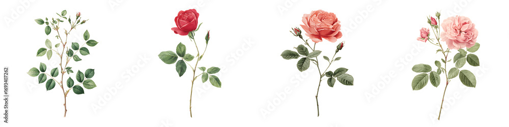 Obraz premium Antique Rose Collection: Botanical Illustration of Roses on White