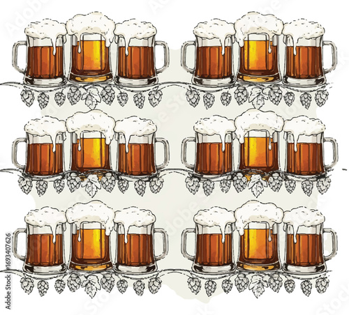 A repeating pattern of beer mugs with hops.