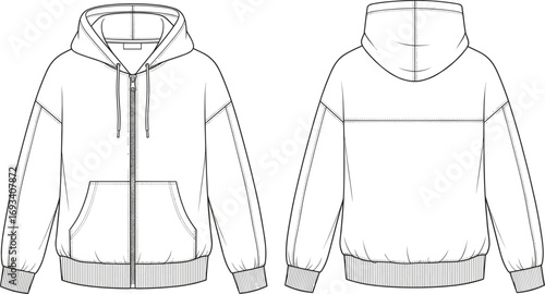 Technical Flat Sketch of Zip-Up Hoodie with Drawstring Hood, Kangaroo Pocket, Ribbed Cuffs and Hem for Fashion Apparel Design
