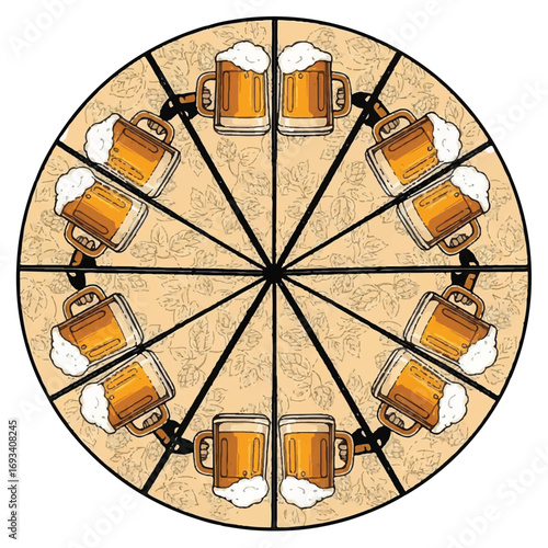 A round, segmented graphic illustrating twelve frothy beer mugs arranged in a circle like a clock face.