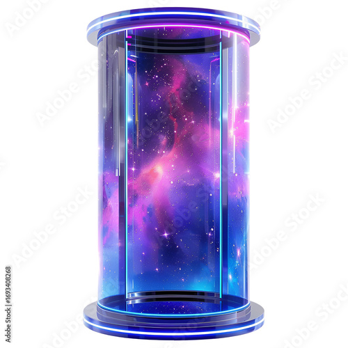 Futuristic sci-fi teleportation chamber with glowing galaxy interior  
