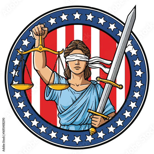 Lady Justice blindfolded, holding scales and sword, within a circular emblem featuring American flag elements.