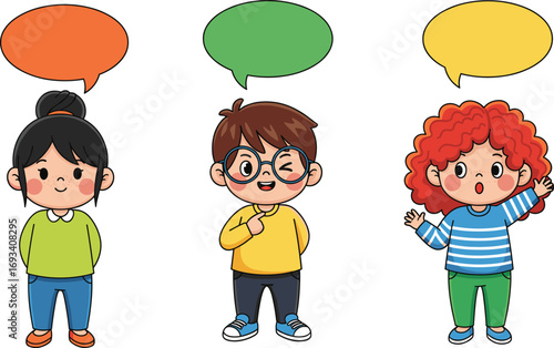Three cute cartoon kids with colorful speech bubbles, expressive children talking, communicating, diverse boys and girls vector illustration.