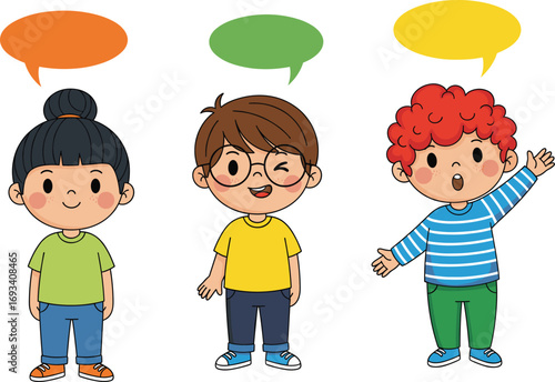 Three cute cartoon children talking with colorful speech bubbles, diverse boys and girl characters expressing emotions in vector illustration.