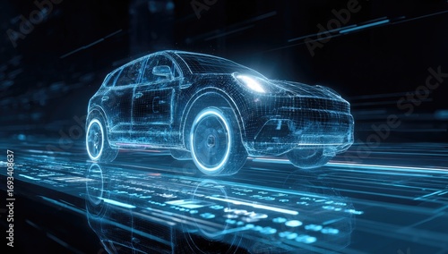 Digital car on a futuristic road