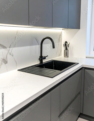 Modern kitchen with sleek gray cabinets and white marble backsplash