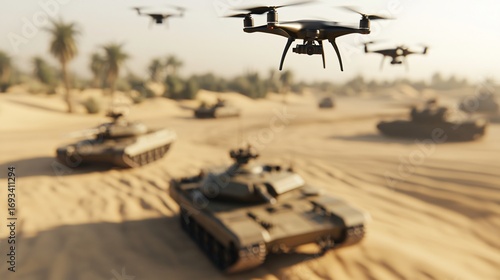 ide angle shot of desert battlefield with military drone swarm hovering above tanks.