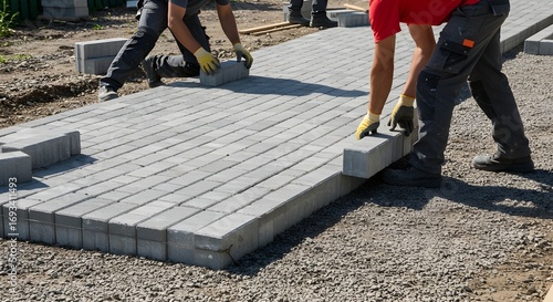 Construction workers installing concrete paving stone blocks