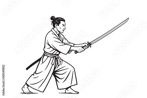 A samurai training with a sword in vector style, Japanese theme, black and white tones, strong black outline, ideal for cultural artwork projects.