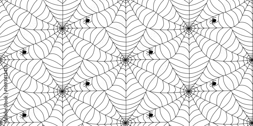 Fototapeta premium Intricate black and white spider web design showcasing multiple spiders on a patterned backdrop