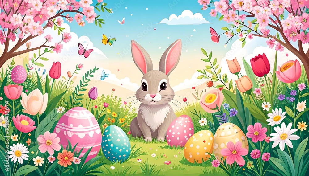 Obraz premium Springtime Easter bunny in a flower garden