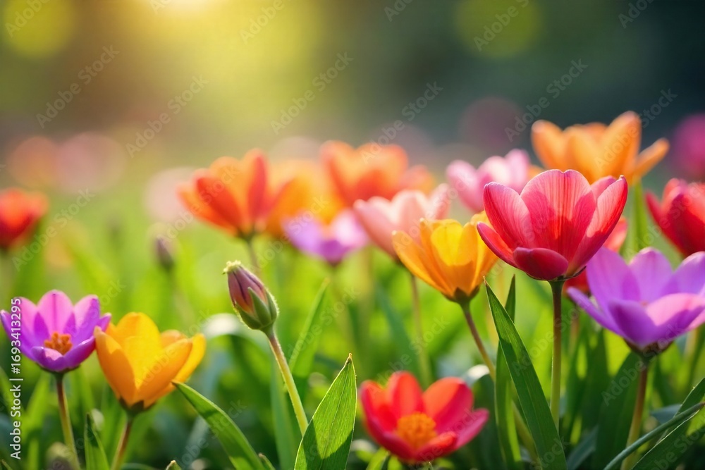 Obraz premium Close-up of vibrant spring wildflowers blooming in a lush meadow, sunlight illuminating delicate petals and fresh green leaves Perfect for nature, springtime, and floral themes , serenity, meadow