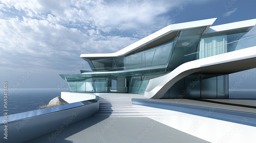 Fototapeta premium Modern architectural marvel, overlooking the ocean with glass walls, white curves, and serene cloudy skies