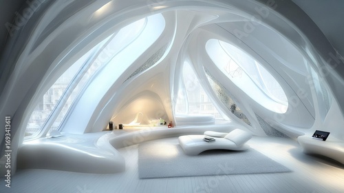 Futuristic interior design with flowing white shapes and expansive windows. A light-filled, modern space